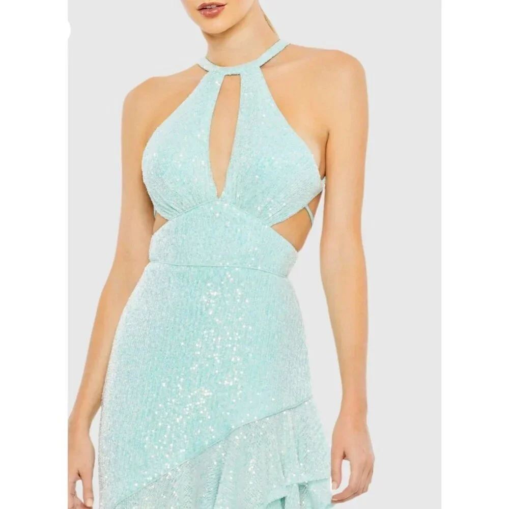 Mac Duggal A11274‎ Aqua Sequined Halter Cut Out Ruffle Asymmetrical Dress Size 8